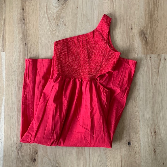 NWOT Red Smocked One Shoulder Cutout Flowy Midi Dress - Picture 3 of 7